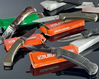 Lot of 12 knives leather sheathes, boxes, pocket knives, some antique	4 to 9 inch knives	115008