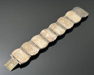 Vintage Mexican Sterling Silver & Obsidian Mask Hinged Panel Bracelet Taxco 925	7.25in  Total Length: 8in  width: 1.25in	112021
