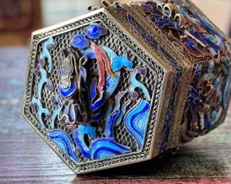 Antique Chinese Export Filigree Metal & Enamel Polygon Box	3in h	113008