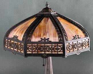 Antique Empire Bronzed Cast Metal & Carmel Slag Table Lamp	22.25x18x18in	124076
