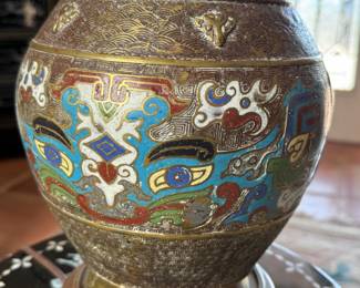 Vintage Japanese Cloisonne Champleve Large Enameled Brass Vase Urn Lamp	25in H x 14in Diameter	113058