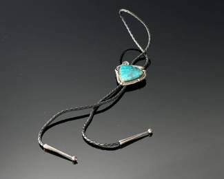 Vintage Navajo Silver & Turquoise Bolo Tie Signed Native American Pawn	36in Long Centerpiece: 2.35x2.05in	112004
