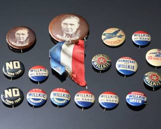 Lot of 26 1940 Wendell Willkie Presidential Election Political Pin Back Button Lot Pins Buttons	Largest: 1.75in Diameter	119024
