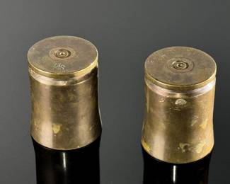 2pc WWII Japanese Naval Brass Shell Casing Trench Art Shot Glasses	2.5in H x 1.8in Diameter at top	124097
