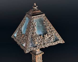 Antique Slag Glass & Bronze Cast Metal Boudoir Lamp Floral Pattern	15.5x6.5x6.5in	124073