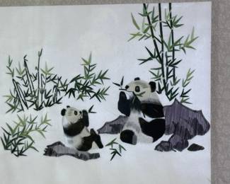Vintage Chinese Art Silk Hand Embroidered PANDA Bamboo	Frame: 15x17in	113070
