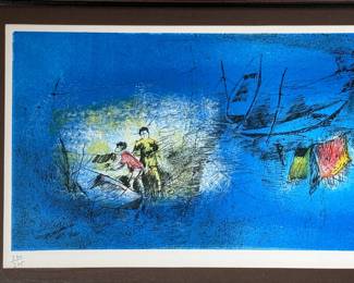 Signed Numbered  Hoi Lebadang Lithograph Collectors Guild Framed Art Litho Boat Scene	Frame: 16.75x31.75x0.5in	119001
