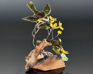 Norman Brumm Enamel on Copper Bird on Driftwood Base #1	9in H	113095