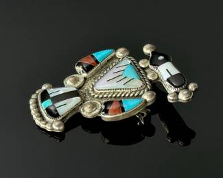 Vintage Zuni Pueblo Multi-stone Magpie Pin Brooch	41x29mm	112014
