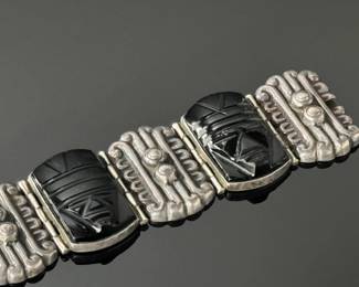Vintage Mexican Sterling Silver & Obsidian Mask Hinged Panel Bracelet Taxco 925	7.25in  Total Length: 8in  width: 1.25in	112021
