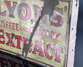 1930s Antique English Lyons' Coffee and Chicory Extract Double Sided Flange Enamel Sign Advertising	11.75x18x1.5in<BR>Gauge: 3mm	124020