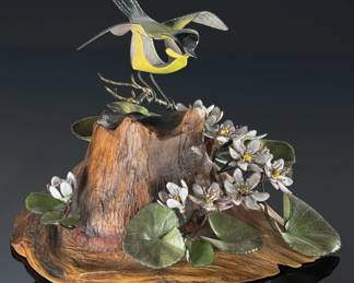 Norman Brumm Enamel on Copper Bird on Driftwood Base #2	6in H	113096