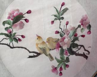 2pc Octagon Asian Silk Framed Tapestry Pair Birds on Cherry Blossom	Frame:14.75x14.75in	113062
