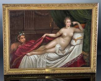 Antique Oil Painting Odalisque Couchee et Faun lorgnat Lying Concubine and Pepping Faun Original Art	Frame: 17x22.5in Canvas: 14.75x20in	124057