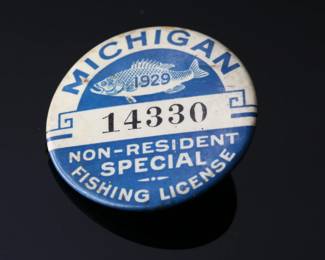 1929 Michigan Non-Resident Special Fishing License  Button Pin Pinback	1.75in Diameter	119026