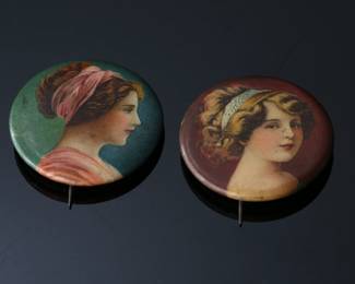 Lot of 3 1890s Vintage Favorite Cigarettes Pinback Advertising Pins Pretty Lady	1.25in Diameter	119035
