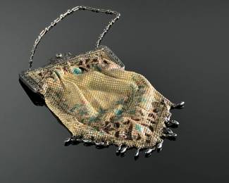 Mandalian Art Deco Chainmail Metal Bag/Purse with Enamel Bead Fringe 1920s	9x4.25in	124124
