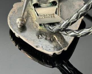 Vintage Navajo Silver & Turquoise Bolo Tie Signed Native American Pawn	36in Long Centerpiece: 2.35x2.05in	112004