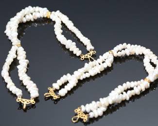 2pc Egyptian 875 Gold Double Strand Baroque Pearl Bracelet Pair	8in Long approx 8mm wide	113117
