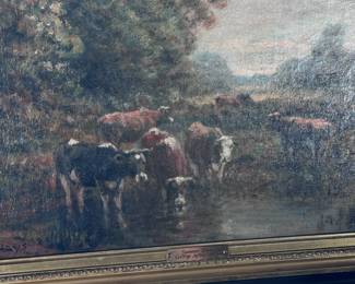1915 Antique Oil Painting George Arthur Hays Cows at the Brook Framed Art	Frame: 16.5x20.5x1.5in Canvas: 14x18in	124059