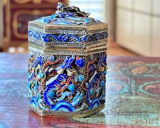 Antique Chinese Export Filigree Metal & Enamel Polygon Box	3in h	113008