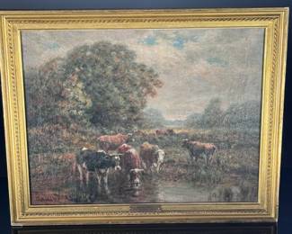 1915 Antique Oil Painting George Arthur Hays Cows at the Brook Framed Art	Frame: 16.5x20.5x1.5in Canvas: 14x18in	124059