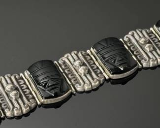 Vintage Mexican Sterling Silver & Obsidian Mask Hinged Panel Bracelet Taxco 925	7.25in  Total Length: 8in  width: 1.25in	112021
