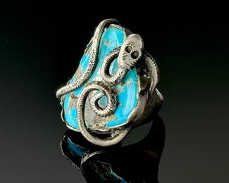 Vintage Navajo Silver & Turquoise Snake Ring SZ: 7.5 Native American Pawn	Size: 7.5 Centerpiece:33x26mm	112013
