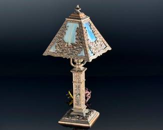 Antique Slag Glass & Bronze Cast Metal Boudoir Lamp Floral Pattern	15.5x6.5x6.5in	124073