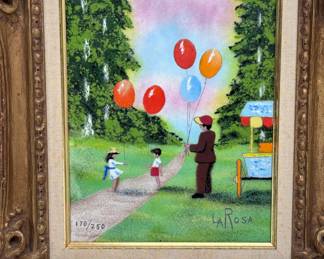 Pauline LaRosa The Balloon Man Enamel on Copper Painting Framed Art Collectors Guild  170/250	Frame: 15.25x13.25x2in	119013
