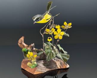 Norman Brumm Enamel on Copper Bird on Driftwood Base #1	9in H	113095