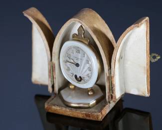 Antique Fleur de Lys De Paris Brevet Travel Clock Lenox W. Co With Case	Clock: 2.35x1.5x1.3in Case: 3.1x1.95x1.6in	124008
