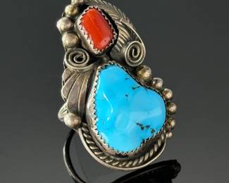 Vintage Signed Navajo Turquoise, Coral & Silver Ring Native American Pawn SZ: 8.5	Size: 8.5 Centerpiece:42x 26.5mm	112005