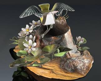 Norman Brumm Enamel on Copper Bird on Driftwood Base #2	6in H	113096