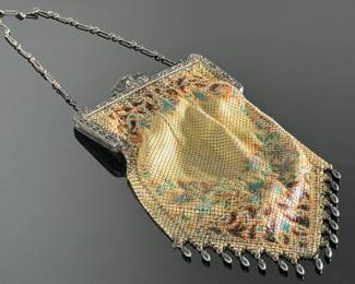 Mandalian Art Deco Chainmail Metal Bag/Purse with Enamel Bead Fringe 1920s	9x4.25in	124124