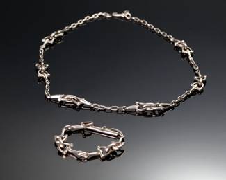 Egyptian 900 Silver Necklace & Bracelet Set Modernist Jewelry	Necklace: 28in Long x 15mm Wide Bracelet: 7.5in Long x 15mm Wide	113114
