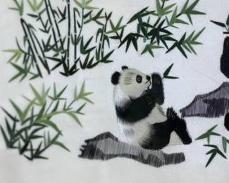 Vintage Chinese Art Silk Hand Embroidered PANDA Bamboo	Frame: 15x17in	113070
