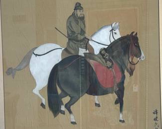 Silk Chinese Painting Two Horses and A Groom by Han Kan of Tang dynasty	Frame:29.5x25.5	113054