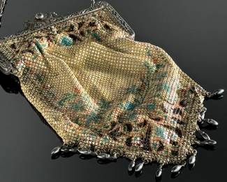 Mandalian Art Deco Chainmail Metal Bag/Purse with Enamel Bead Fringe 1920s	9x4.25in	124124
