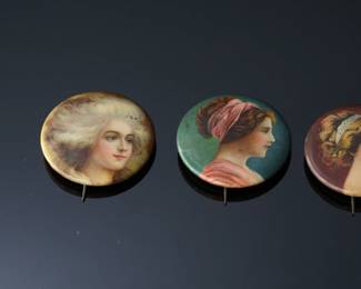 Lot of 3 1890s Vintage Favorite Cigarettes Pinback Advertising Pins Pretty Lady	1.25in Diameter	119035
