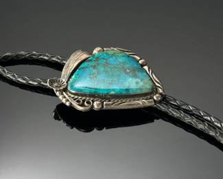 Vintage Navajo Silver & Turquoise Bolo Tie Signed Native American Pawn	36in Long Centerpiece: 2.35x2.05in	112004