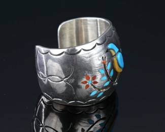 Vintage Navajo Wayne Silvers Bird Inlay Cuff Bracelet Turquoise Coral MOP Inlay Silver  W.	Inside circumference with gap: 6.5in Width: 1.95in	112003