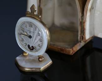 Antique Fleur de Lys De Paris Brevet Travel Clock Lenox W. Co With Case	Clock: 2.35x1.5x1.3in Case: 3.1x1.95x1.6in	124008