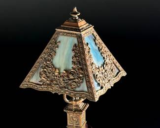 Antique Slag Glass & Bronze Cast Metal Boudoir Lamp Floral Pattern	15.5x6.5x6.5in	124073