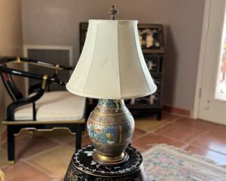 Vintage Japanese Cloisonne Champleve Large Enameled Brass Vase Urn Lamp	25in H x 14in Diameter	113058