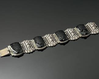Vintage Mexican Sterling Silver & Obsidian Mask Hinged Panel Bracelet Taxco 925	7.25in  Total Length: 8in  width: 1.25in	112021
