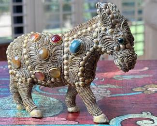 Ornate Brass Filigree Jeweled Donkey Statue Figure	4.5in H	113021
