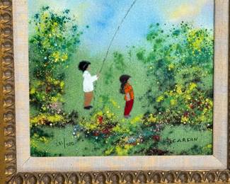 Louis Cardin Enamel on Copper Painting Boy & Girl with Kite Art Collectors Guild  231/500	Frame: 15.75x13.75x2in	119012
