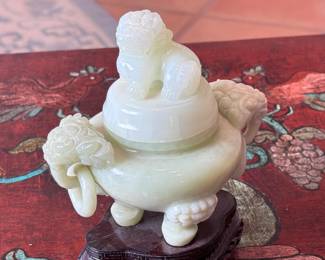 A Chinese Carved Jade Bowenite Tripod Censer with Foo Lion	6.5in H	113018
