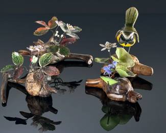 4pc Norman Brumm Enamel on Copper Bird on Driftwood Base	3in H	113097